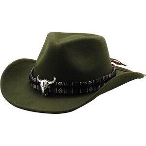 Unisex Olive 100% Polyester Bull Skull Patterned Band Classic Fedora Cowboy Hat